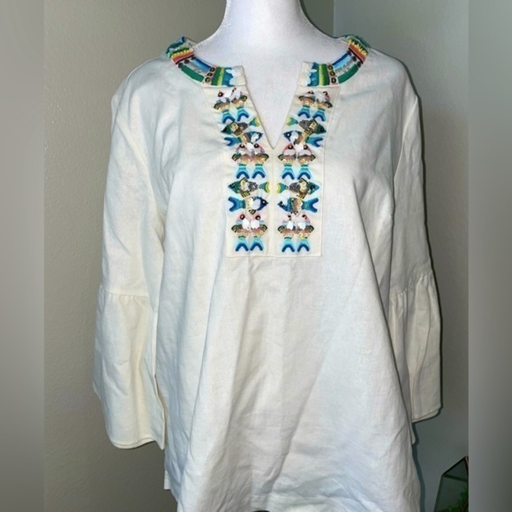 Peck & Peck white embroidery & sequin notch neck bell sleeve tunic S